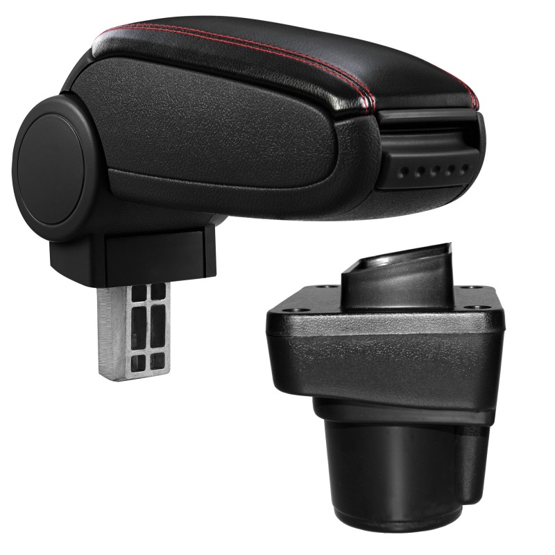 HTD074 + LC502 Accoudoir central Ford Ka Plus avec compartiment de rangement, Couvercle en simili cuir noir avec couture rouge 