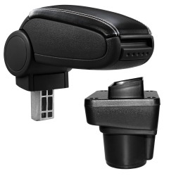 HTD074 + LC503 Accoudoir central Ford Ka Plus avec compartiment de rangement, Couvercle en simili cuir noir avec couture blanche