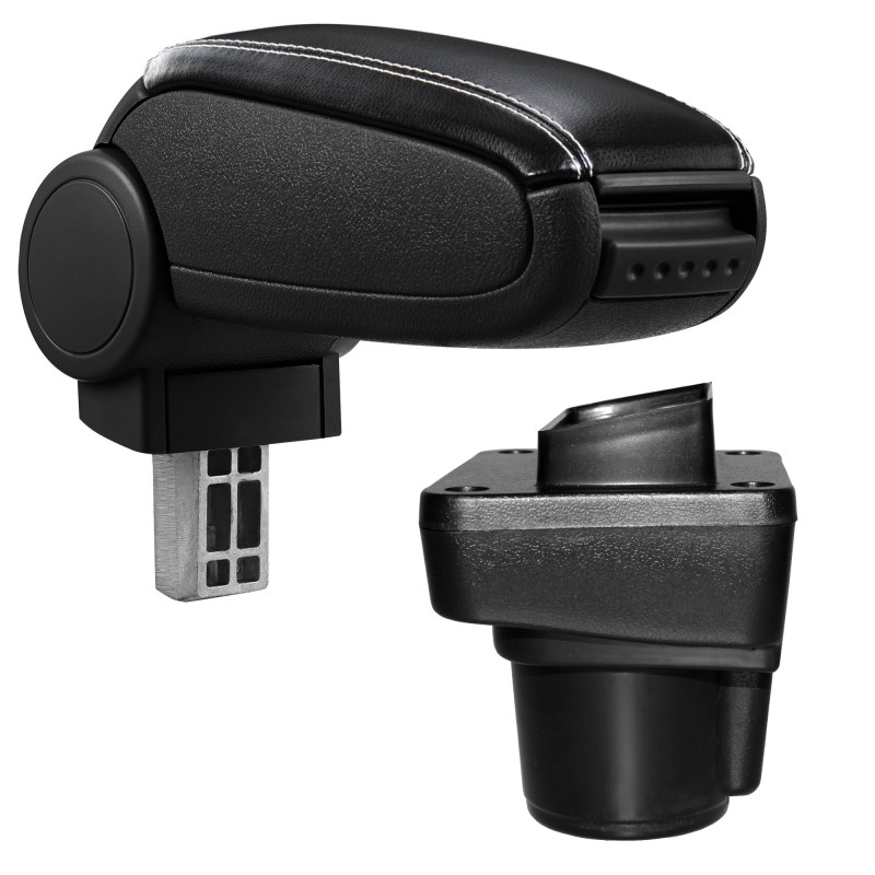 HTD074 + LC503 Accoudoir central Ford Ka Plus avec compartiment de rangement, Couvercle en simili cuir noir avec couture blanche