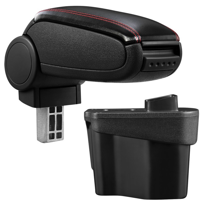 HTD064 + LC502 Accoudoir central Kia Rio 3 avec compartiment de rangement, Couvercle en simili cuir noir avec couture rouge 