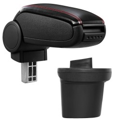 HTD043 + LC502 Accoudoir central Nissan Juke avec compartiment de rangement, Couvercle en simili cuir noir avec couture rouge 