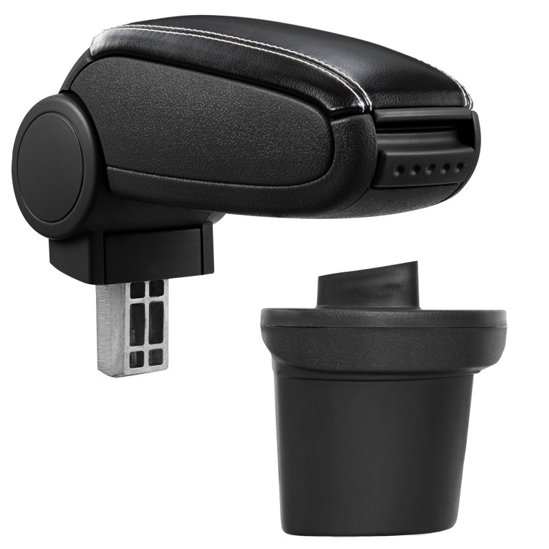 HTD043 + LC503 Accoudoir central Nissan Juke avec compartiment de rangement, Couvercle en simili cuir noir avec couture blanche 