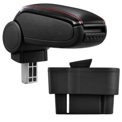 HTD005 + LC502 Accoudoir central Opel Corsa D with Storage compartment, Couvercle en simili cuir noir avec couture rouge 