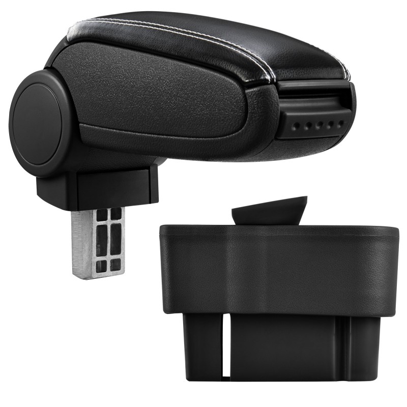 HTD005 + LC503 Accoudoir central Opel Corsa D with Storage compartment, Couvercle en simili cuir noir avec couture blanche