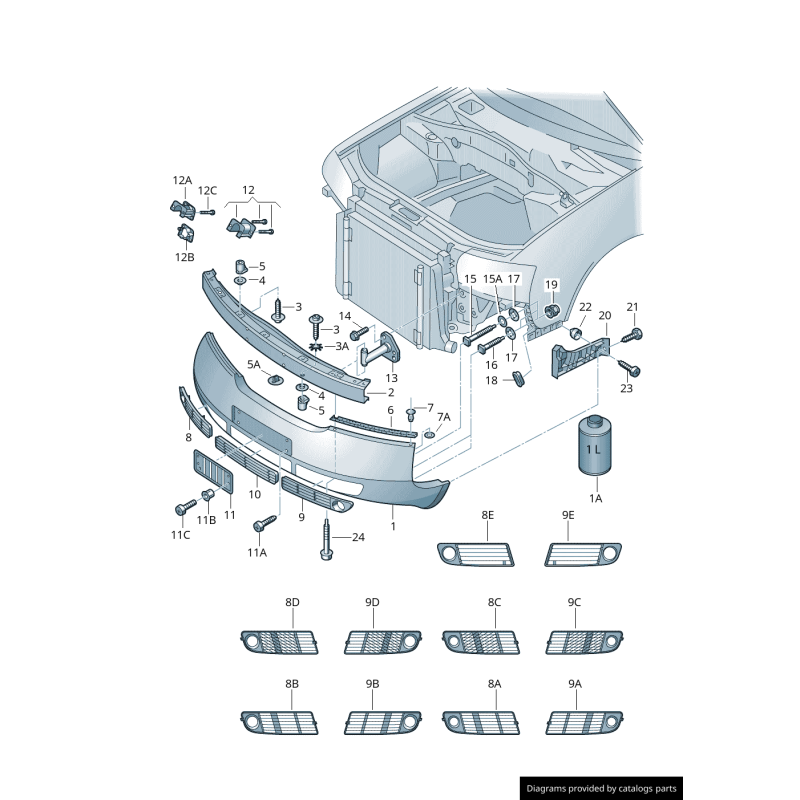 Ensemble de grille de phare antibrouillard noir de pare-chocs avant à 4 cylindres - Pièces d'origine Audi 4B0807682T01C/4B0807