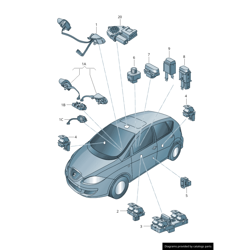 Interrupteur de vitre électrique côté conducteur pour Audi/Volkswagen à 2 portes, noir - Pièces d'origine Vw/Audi 1K3959857BREH.