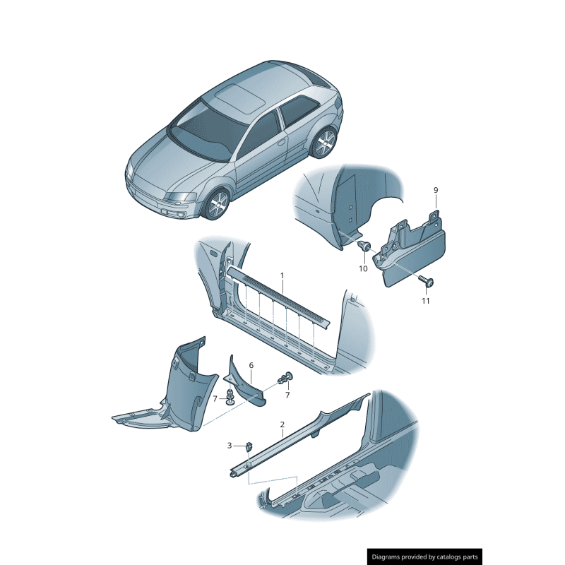 Ensemble de 2 bandes de seuil de porte avant et arrière pour Audi S3 - Pièces d'origine Audi 8P4853491J01C/8P4853558J01C.
