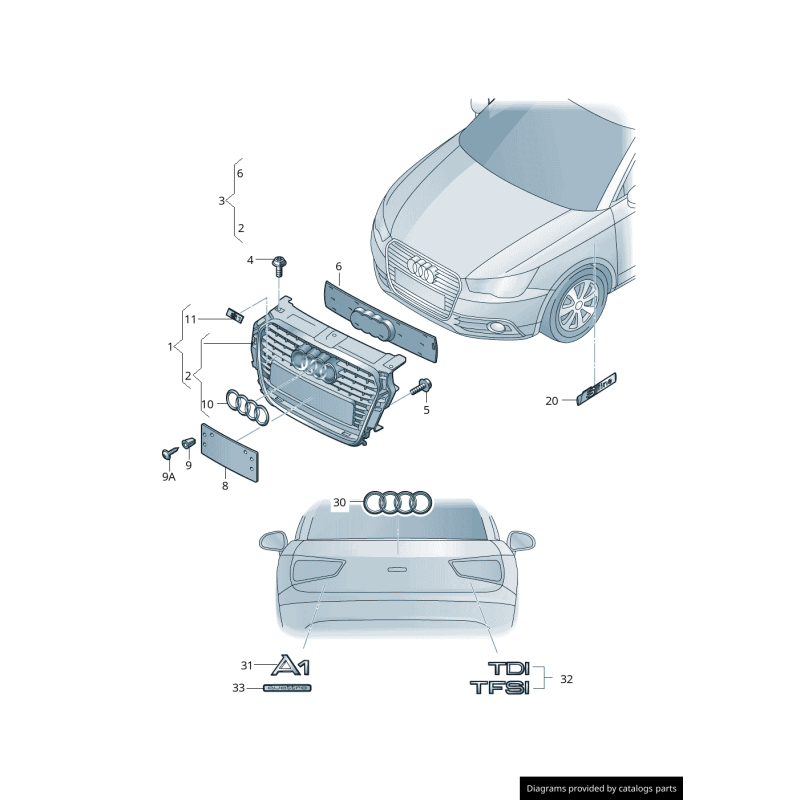Calandre de radiateur centrale de pare-chocs avant - Pièces d'origine Audi 8X08536511QP