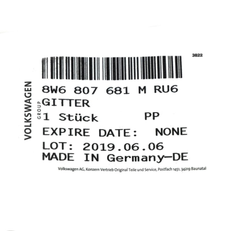 Grille de phare antibrouillard avant pare-chocs gauche coté conducteur - Pièces d'origine Audi 8W6807681MRU6