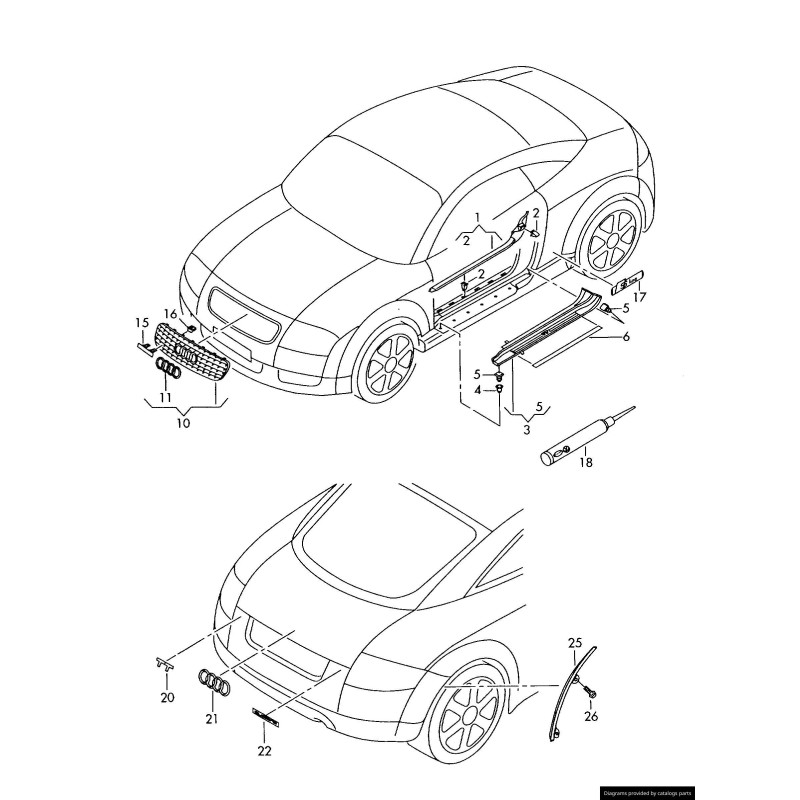Calandre avant avec emblème Quattro en chrome - Pièces d'origine Audi 8N0853736A2ZZ