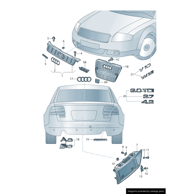 Ensemble de calandre avant - Gris platine - Pièces d'origine Audi 4E0853651AL1RR