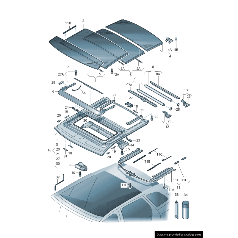 Pare-soleil avant de toit ouvrant, arche de toit, rouleau argenté - Pièces d'origine Audi 8P4877307B78W.