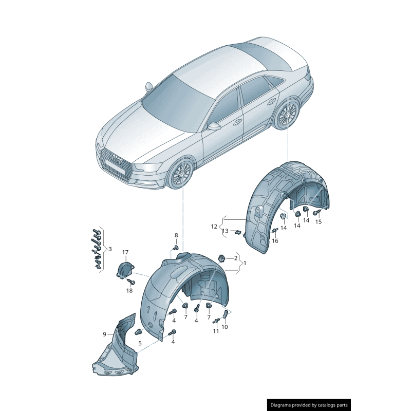 Couverture de protection intérieure d'arche de roue avant droite coté passager - Pièces d'origine Audi 8W0821172A