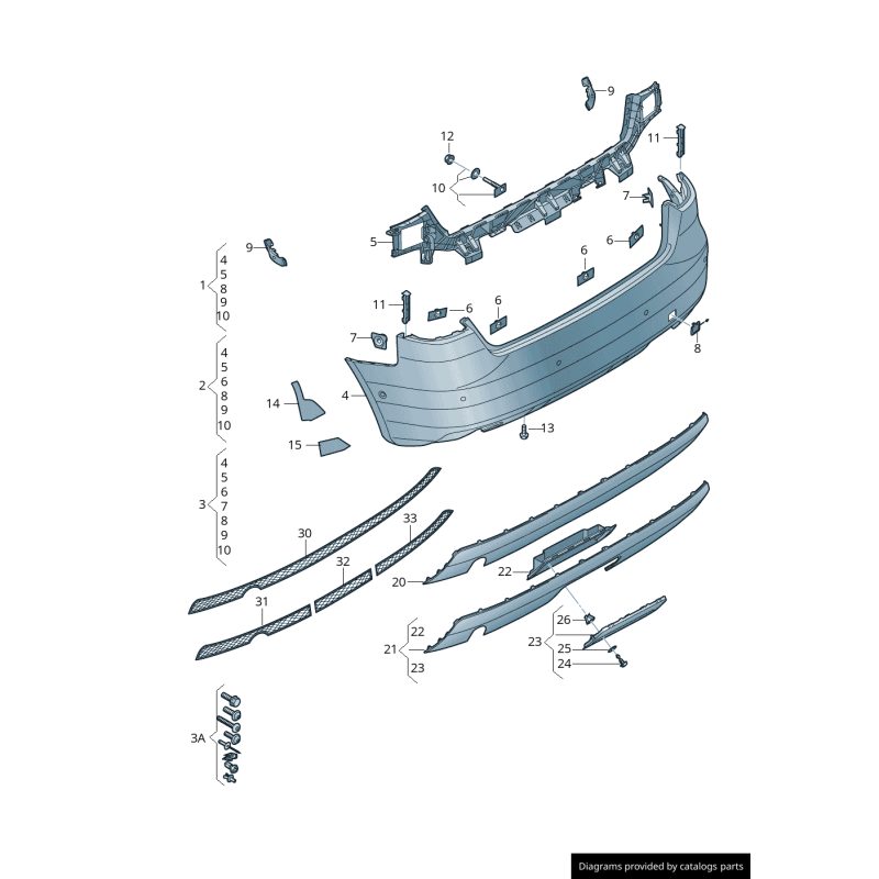 Pare-chocs arrière avec diffuseur d'air à une seule sortie - Pièces d'origine Audi 8V3807521A