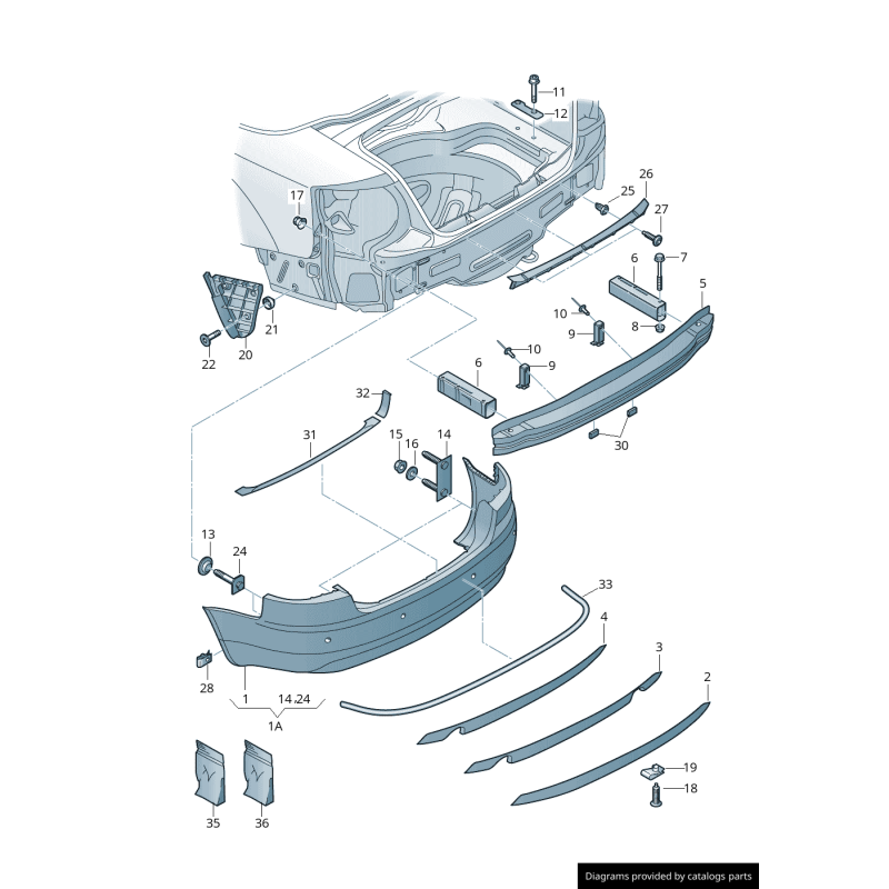 Pare-chocs arrière avec double diffuseur d'échappement et spoiler - Pièces d'origine Audi 8H0807521E.