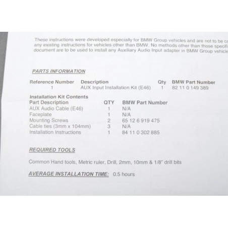 Kit de rétrofit d'entrée auxiliaire - Pièce d'origine BMW 65120153501