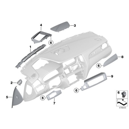 Revêtement de tableau de bord central - Pièce d'origine BMW 51459184122 - Finition brillante.