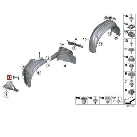 Pièce inférieure du cache de l'aile avant droite - Pièce d'origine BMW 51718059318 Pièce inférieure du cache de l'aile avant droite - Pièce d'origine BMW 51718059318