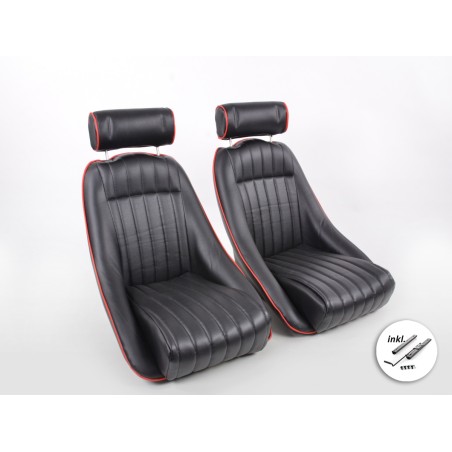 FK Oldtimersitze Sièges baquets complets pour voiture Set Classic 2 cuir synthétique noir avec repose-tête