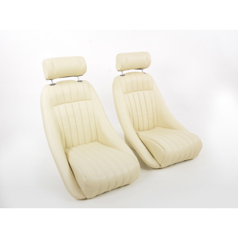 FK Oldtimersitze Sièges baquets complets pour voiture Set Classic 2 simili cuir beige avec appuie-tête
